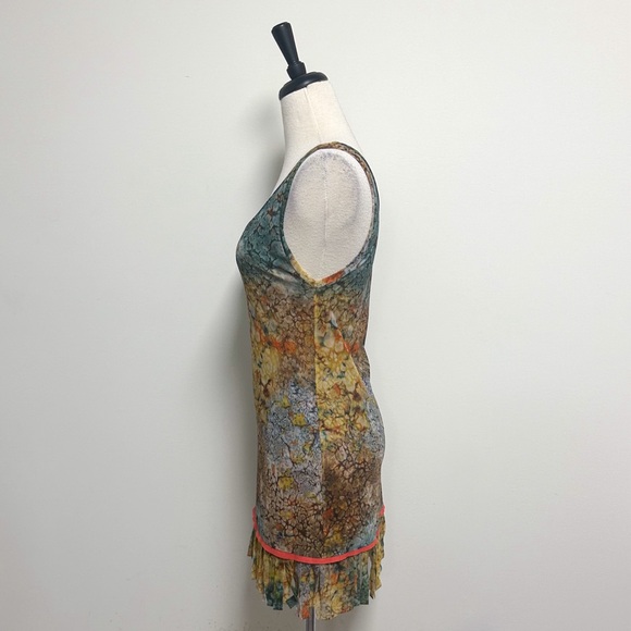 Shan Canada Abstract Mesh Scoop Neck Sleeveless Fringe Layered Mini Dress Tunic - Picture 4 of 9